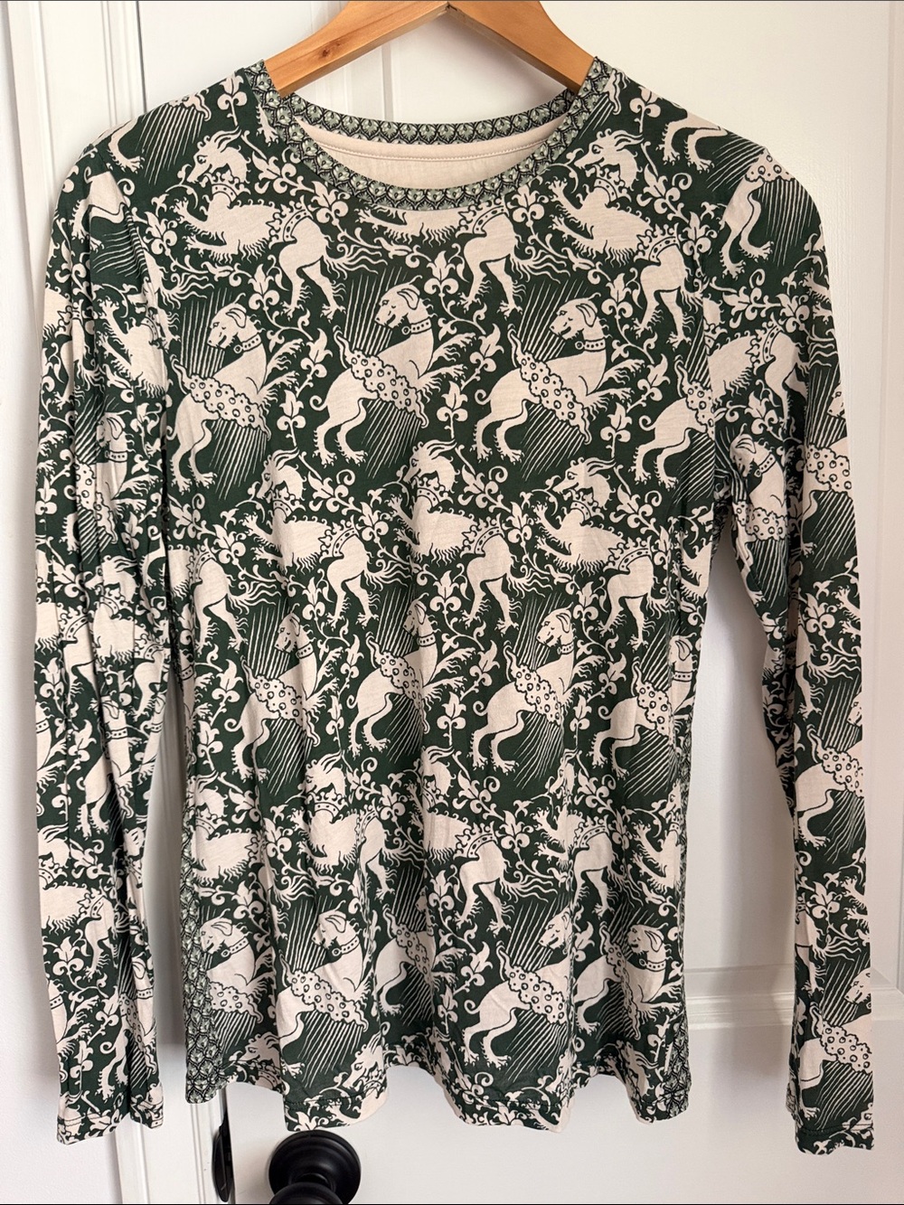 TORY BURCH Long Sleeve Printed T Shirt Top Green Cream Size Small S Lightweight